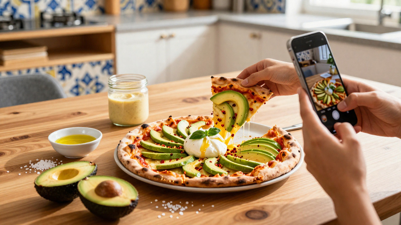 Pessoa a tirar foto de pizza com abacate e burrata numa cozinha com azulejos tradicionais portugueses.