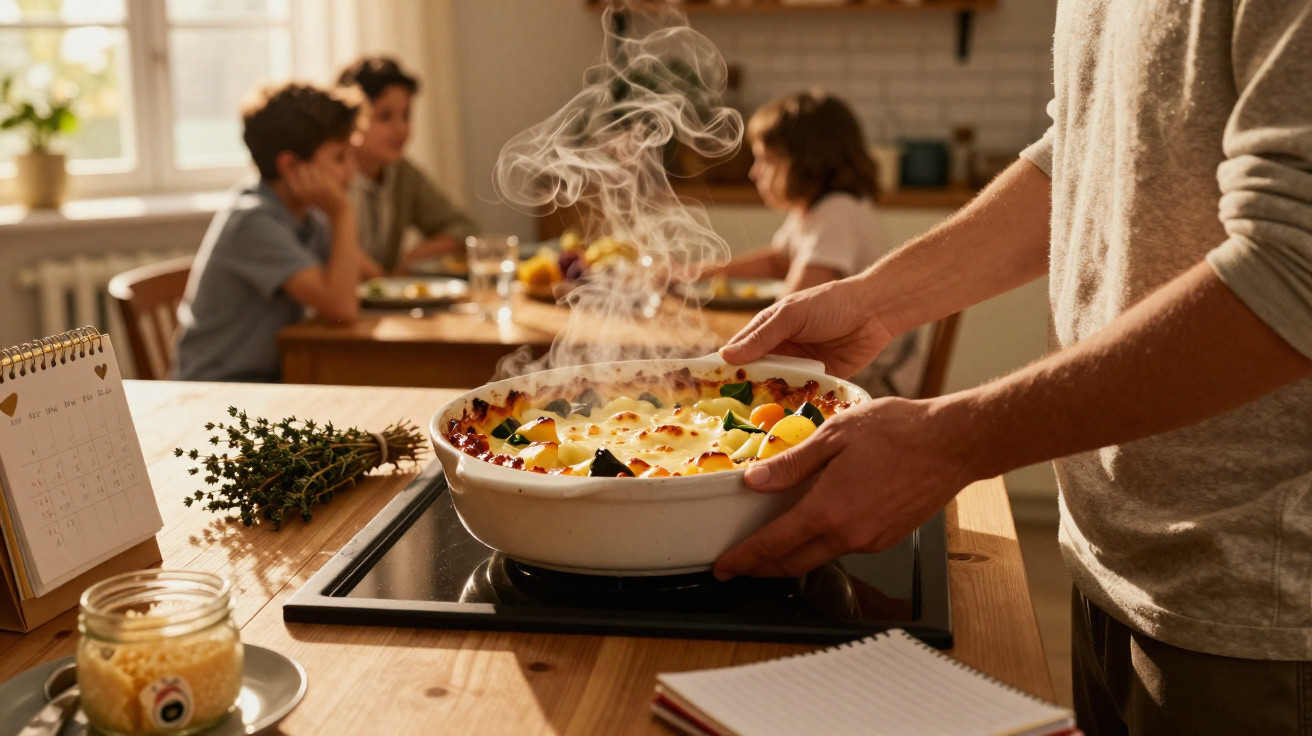 Pessoa a retirar prato quente do forno enquanto família espera na mesa da cozinha.