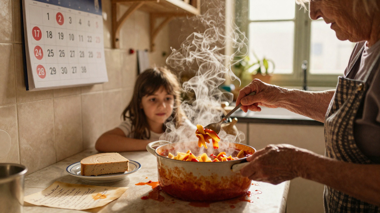 Idosa cozinha massa fumegante com tomate enquanto criança observa, numa cozinha acolhedora e iluminada.
