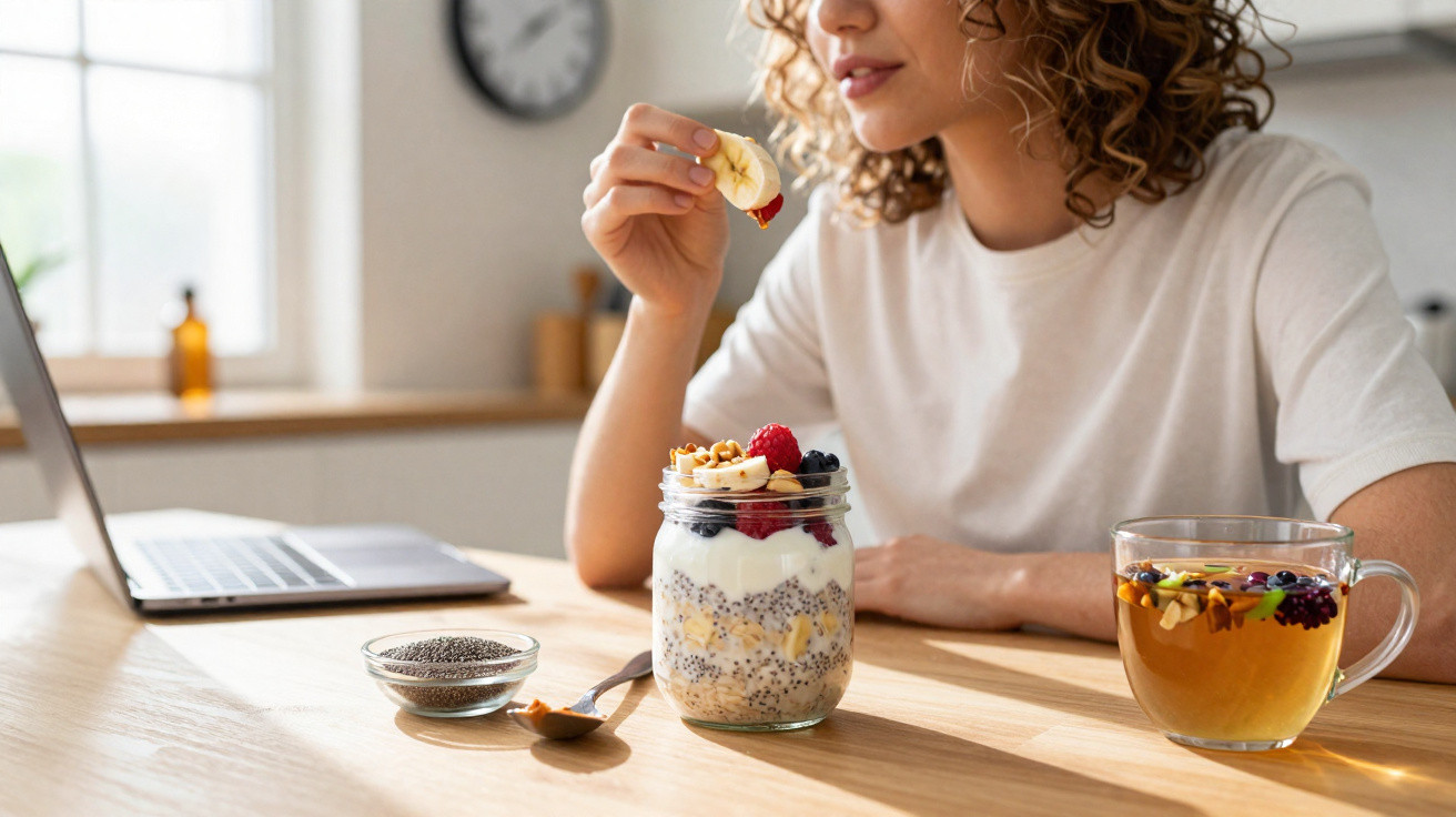 Mulher a colocar fatias de banana num frasco com iogurte, frutos vermelhos e sementes numa mesa com chá e portátil.