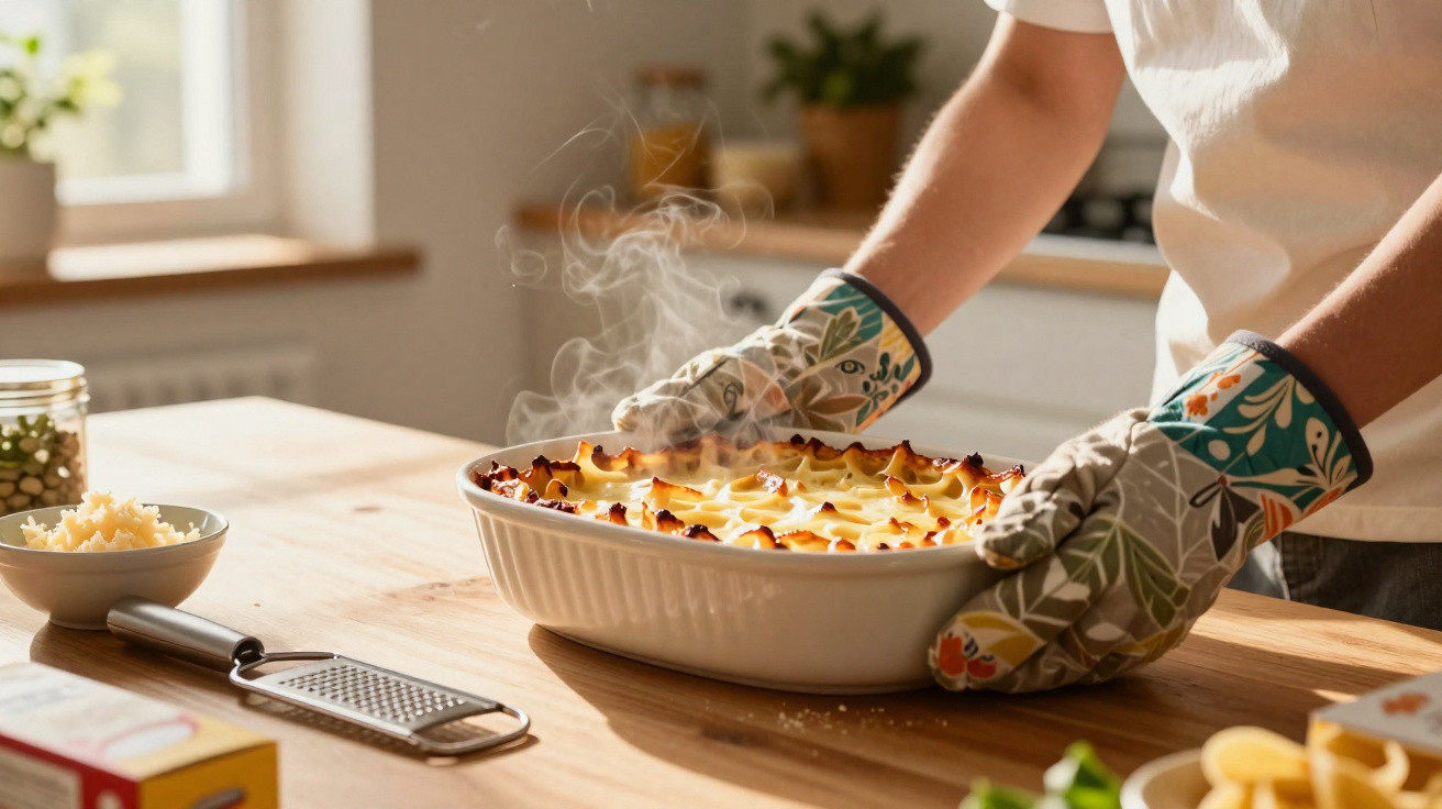 Pessoa a retirar lasanha fumegante do forno numa forma branca com luvas coloridas na cozinha.