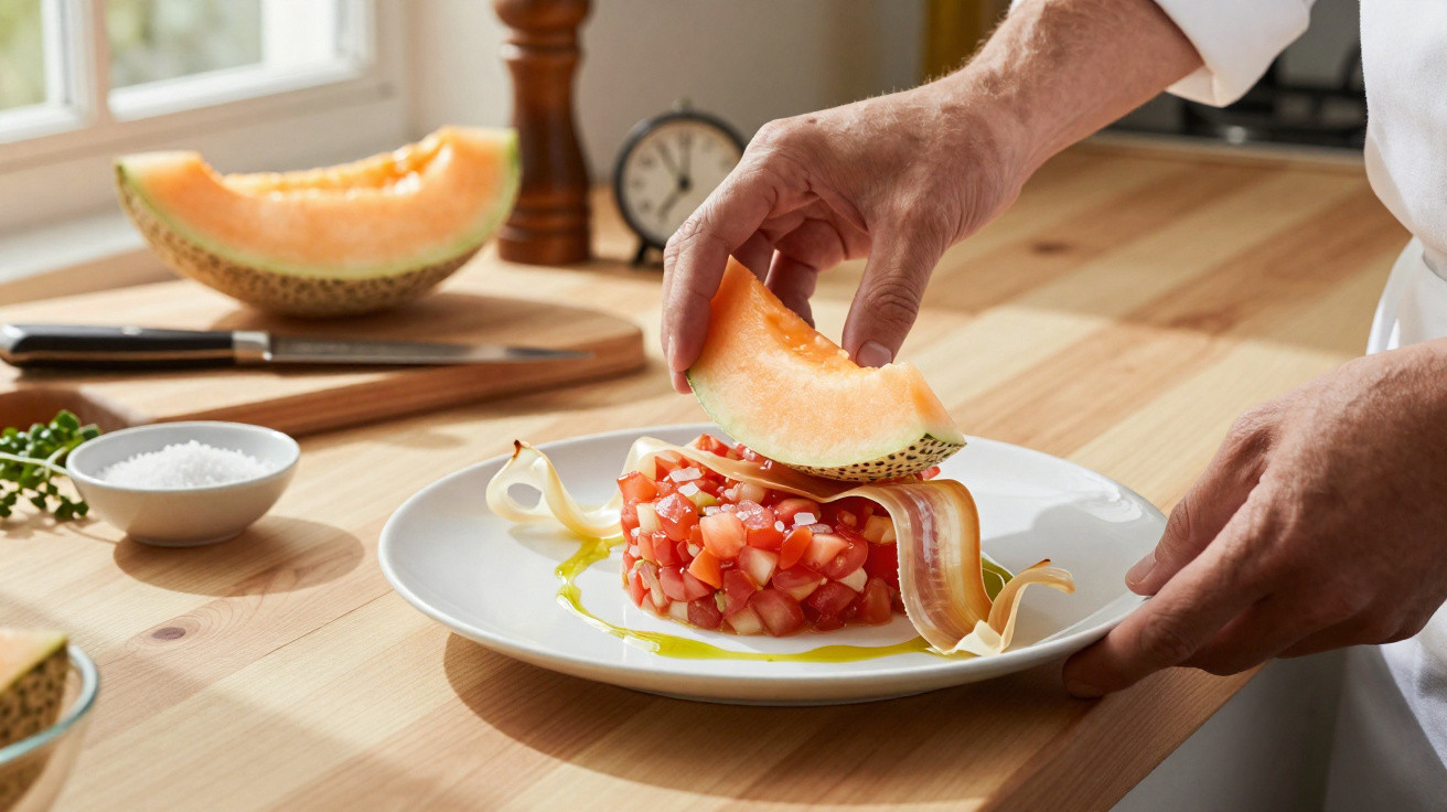 Mãos a decorar prato com tartar de tomate, fatias de queijo e pedaço de melão numa cozinha luminosa.