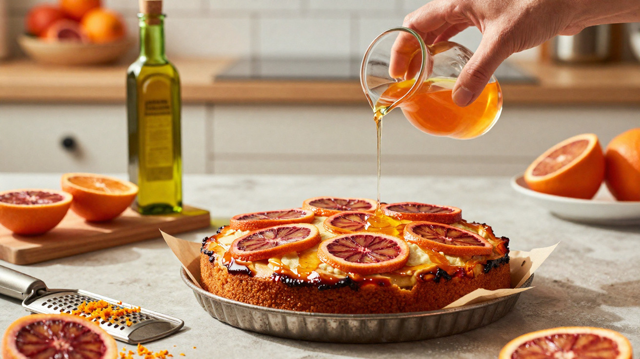 Mão a verter mel numa tarte decorada com rodelas de laranja sanguínea numa cozinha iluminada.