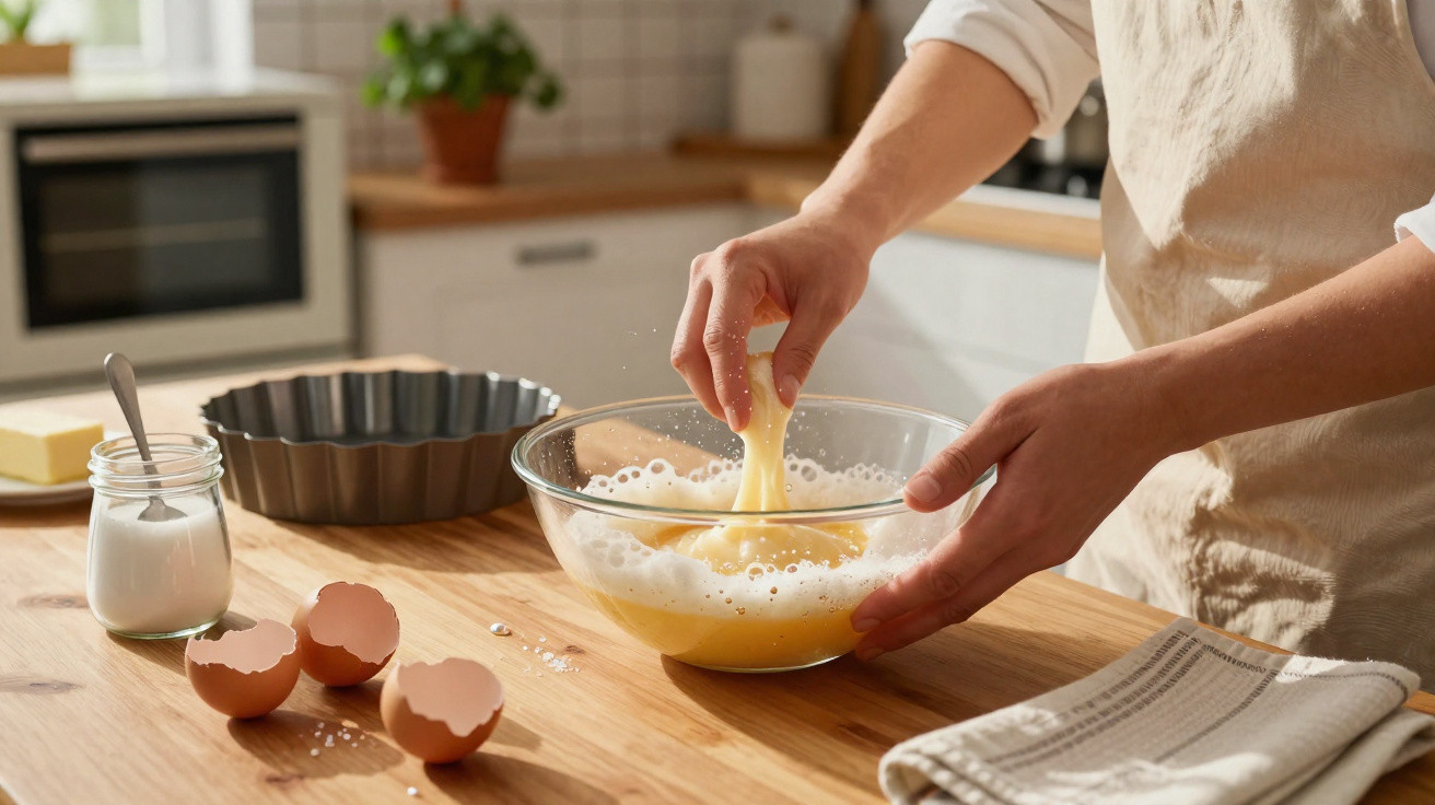 Pessoa a bater ovos numa taça de vidro numa cozinha com utensílios e ingredientes visíveis na bancada de madeira.