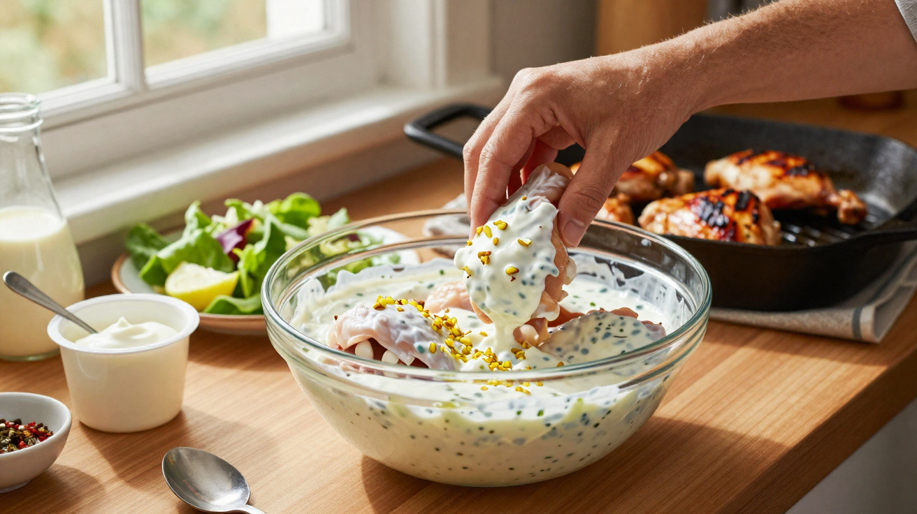 Mãos a mergulhar pedaço de frango em molho cremoso com ervas, acompanhado de salada e frango grelhado.