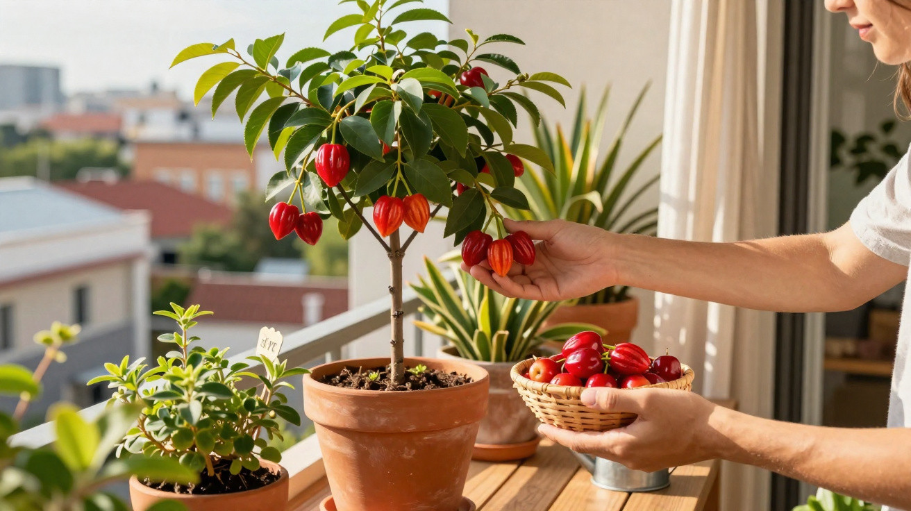 Pessoa colhe cerejas maduras de árvore em vaso numa varanda com outras plantas e vista urbana ao fundo.