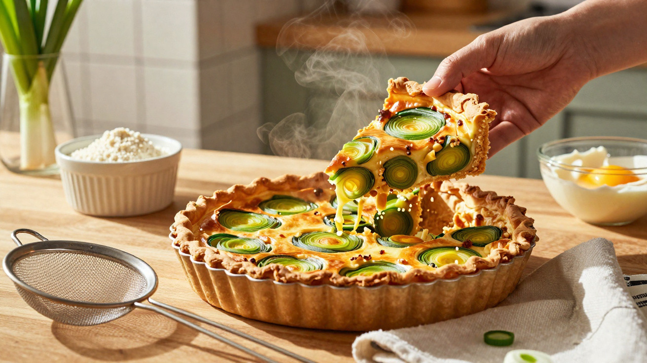 Tarte quente de legumes com courgette cortada em espiral, sendo servida uma fatia numa mão.