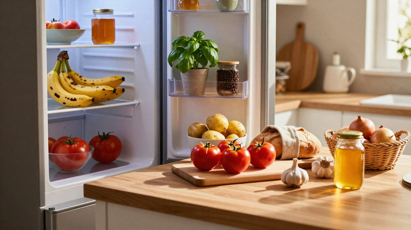 Frigorífico aberto com frutas, pão e ingredientes frescos numa bancada de cozinha iluminada.