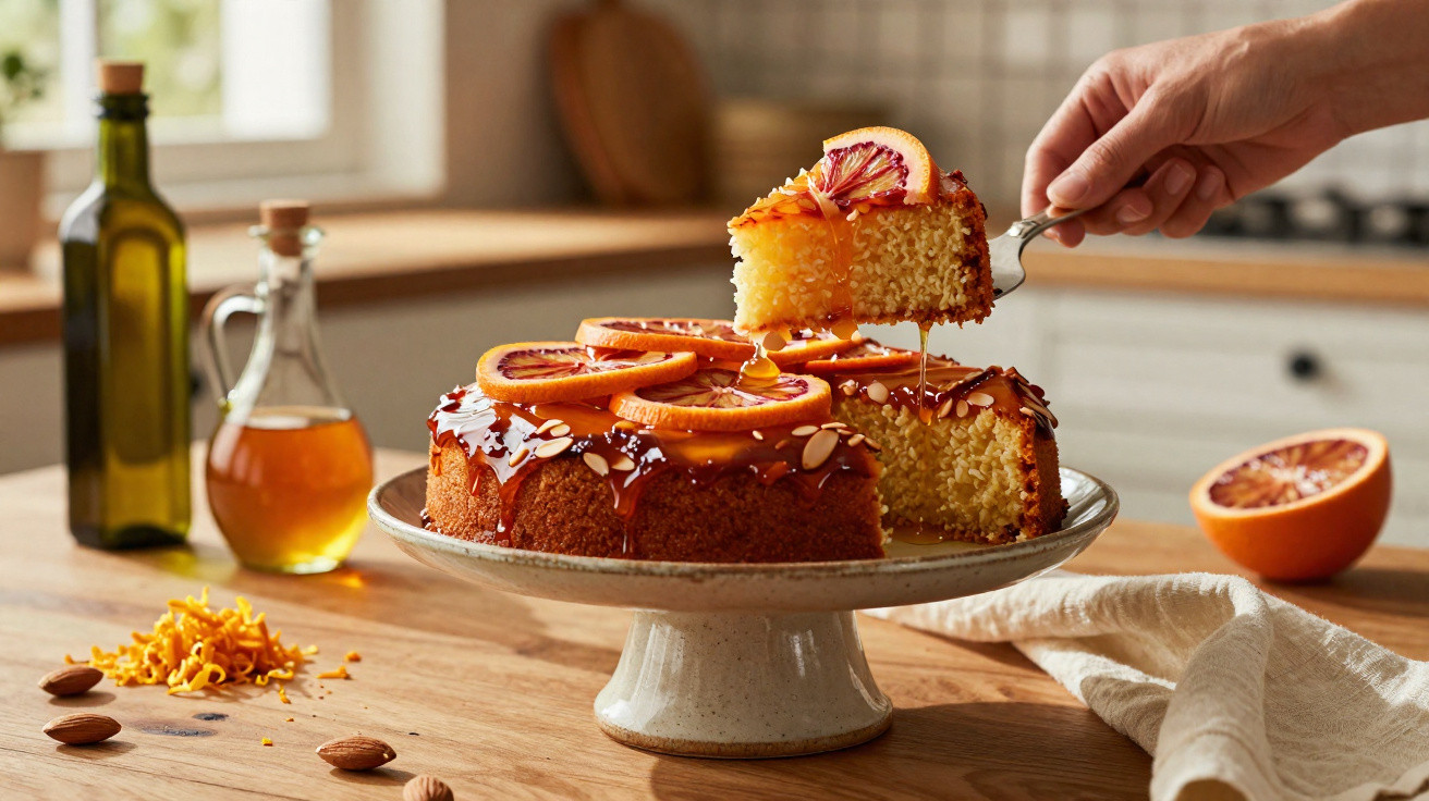Bolo de laranja decorado com fatias de laranja e amêndoas, sendo servido numa cozinha luminosa.