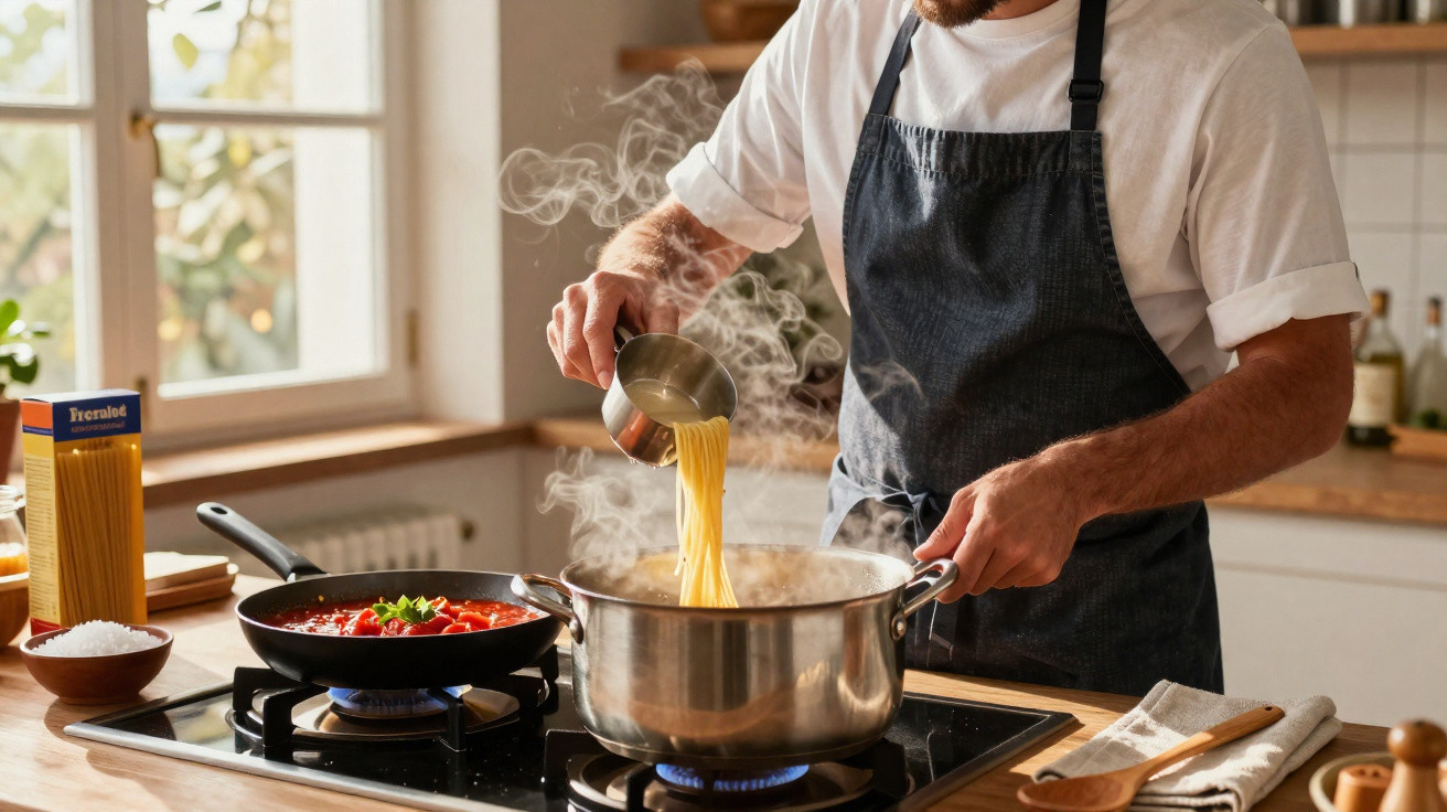 Homem a cozinhar massa numa cozinha moderna com vapor a sair do tacho.