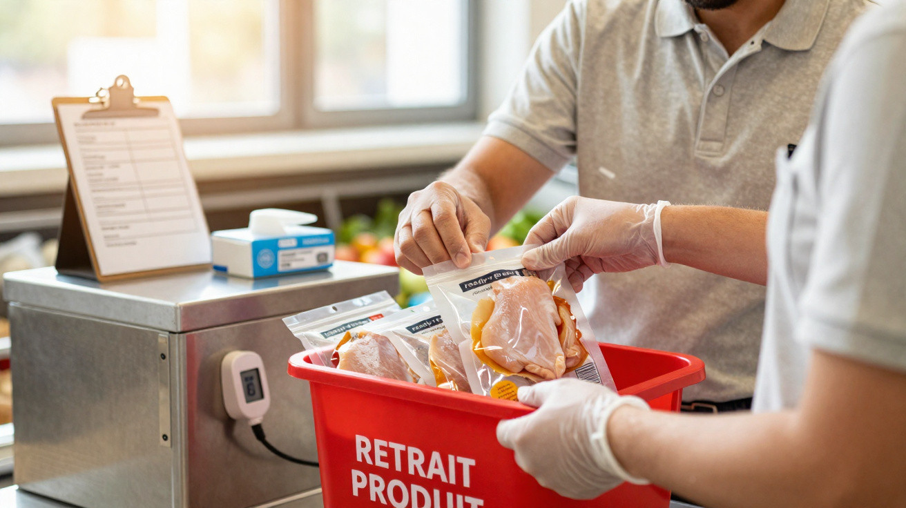 Pessoa a colocar refeições embaladas num contentor vermelho de recolha de produtos alimentares.