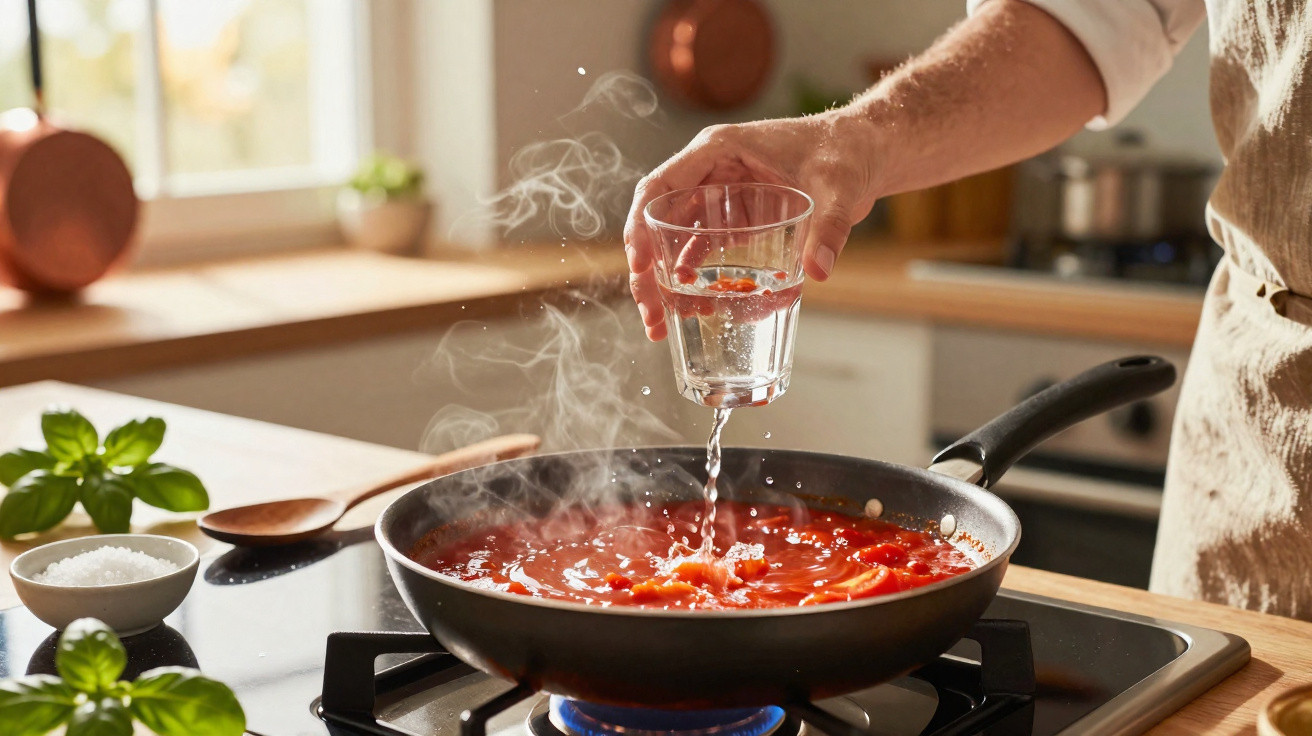 Pessoa a adicionar água a um molho de tomate a ferver numa frigideira na cozinha moderna.