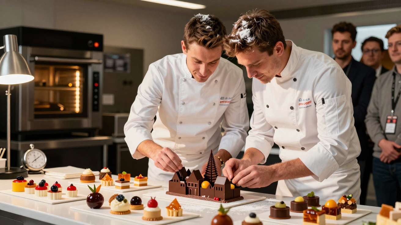 Dois chefs em cozinha profissional decoram um bolo grande em forma de castelo com vários doces.