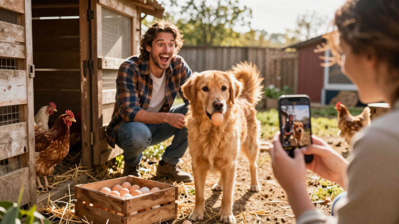 Cão com ovo na boca, homem sorridente no galinheiro e mulher a tirar foto com telemóvel.