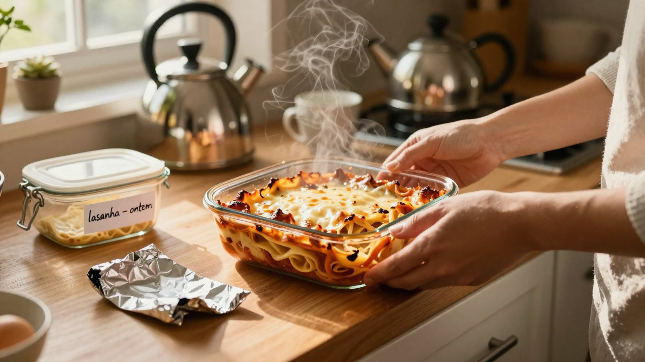 Mãos seguram um tabuleiro de lasanha quente a fumegar numa cozinha iluminada pelo sol.