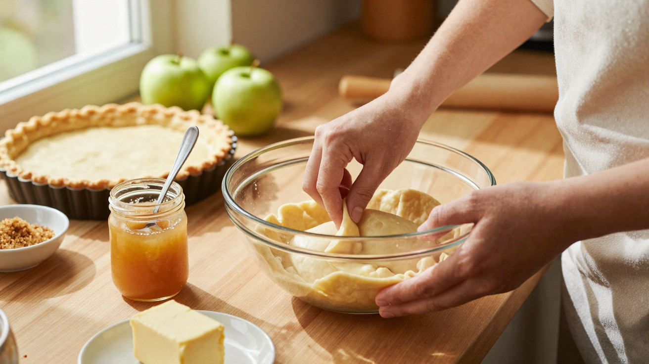 Mãos a forrar forma com massa para tarte, com maçãs, geleia e manteiga sobre bancada de cozinha.