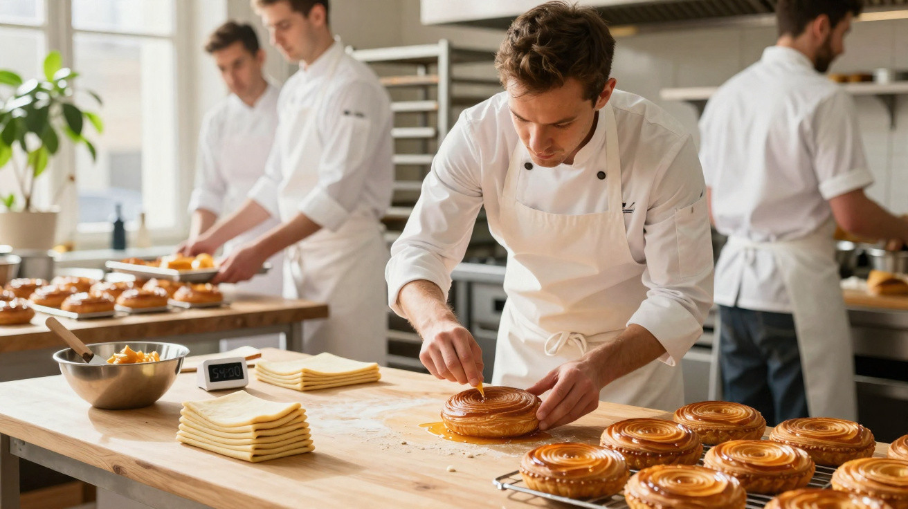Grupo de pasteleiros a preparar e decorar bolos numa cozinha profissional bem iluminada.