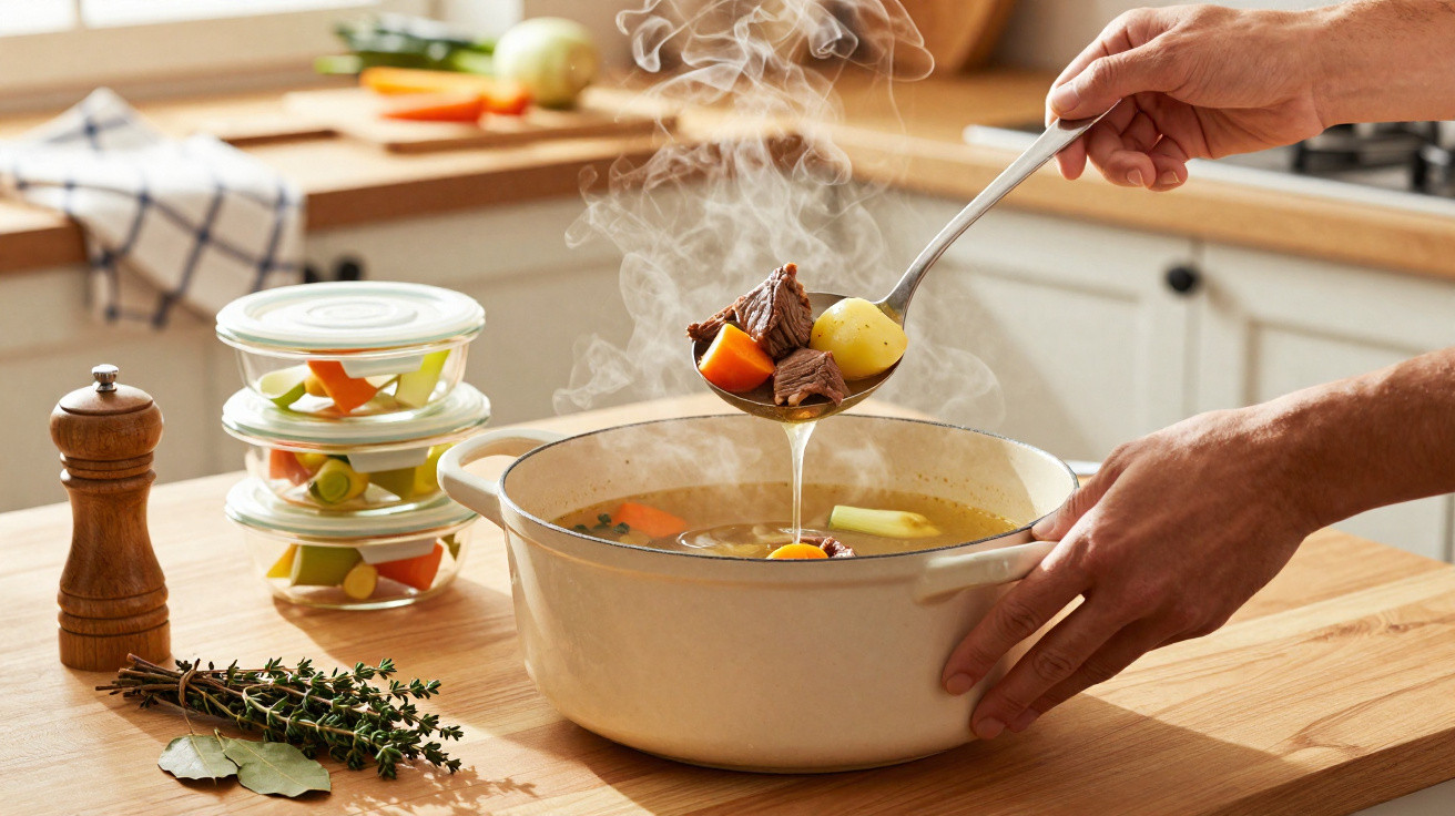 Mão servindo sopa quente com carne, cenoura e batata de uma panela na cozinha iluminada.