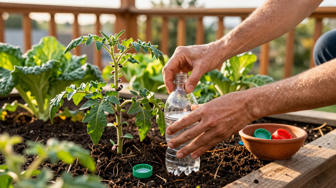Pessoa a regar uma planta de tomateiro numa horta urbana com garrafa de plástico reciclada.
