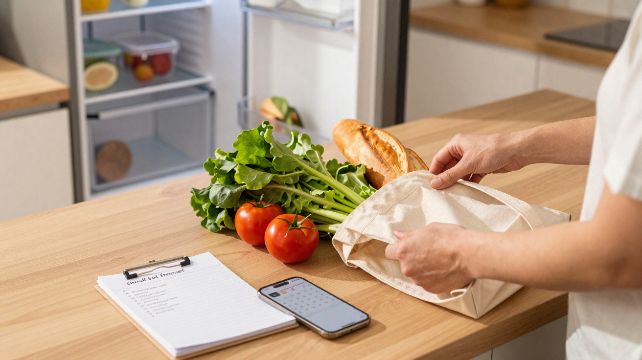 Pessoa a guardar vegetais, pão e sacola reutilizável numa cozinha, com lista de compras e telemóvel na mesa.