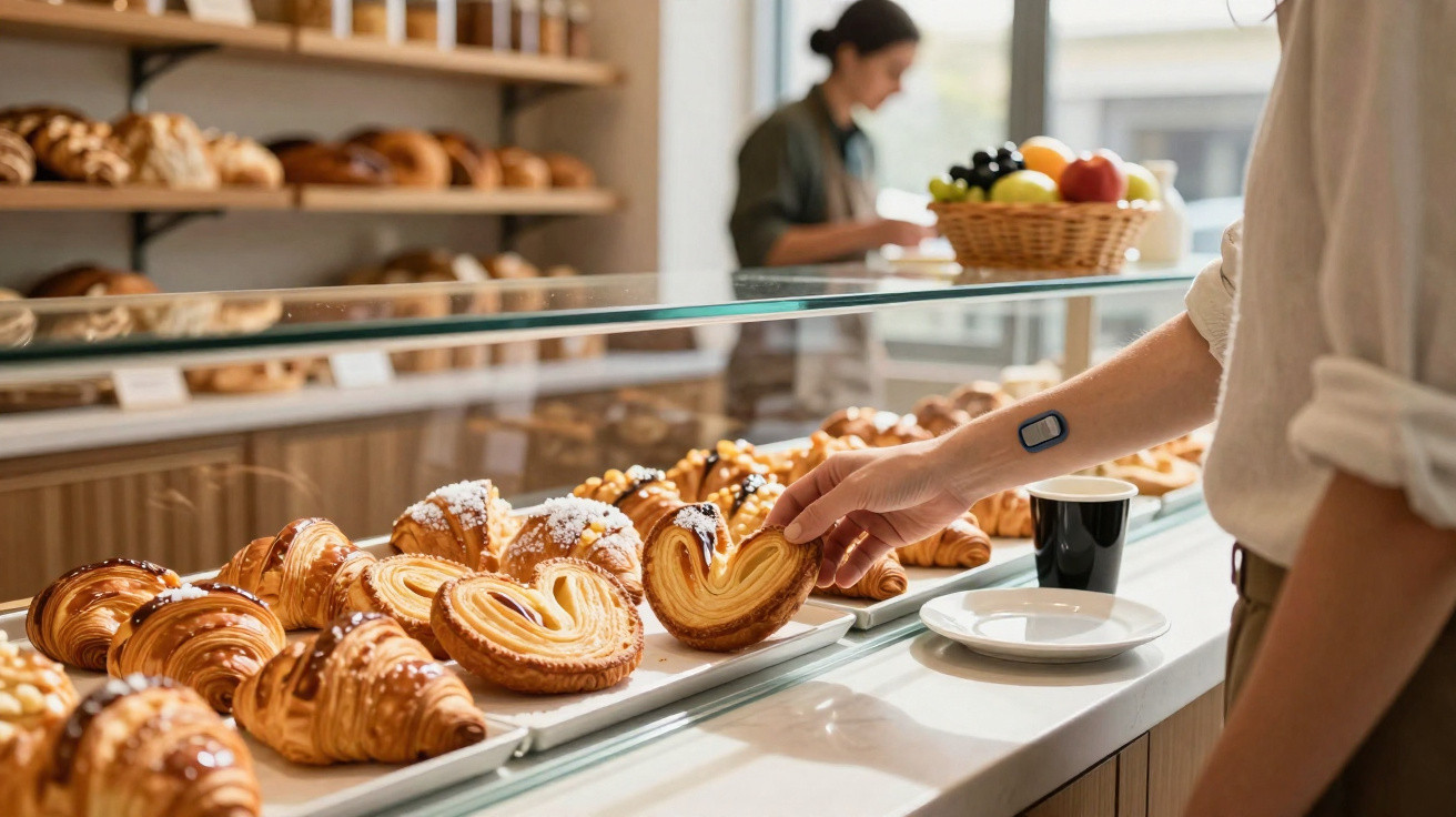Pessoa a escolher pastelaria numa montra de padaria, com croissants e outros doces variados.