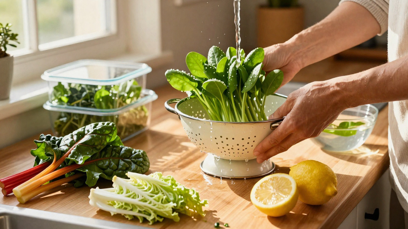 Mãos a lavar folhas verdes numa cozinha, com limões e legumes numa bancada de madeira.