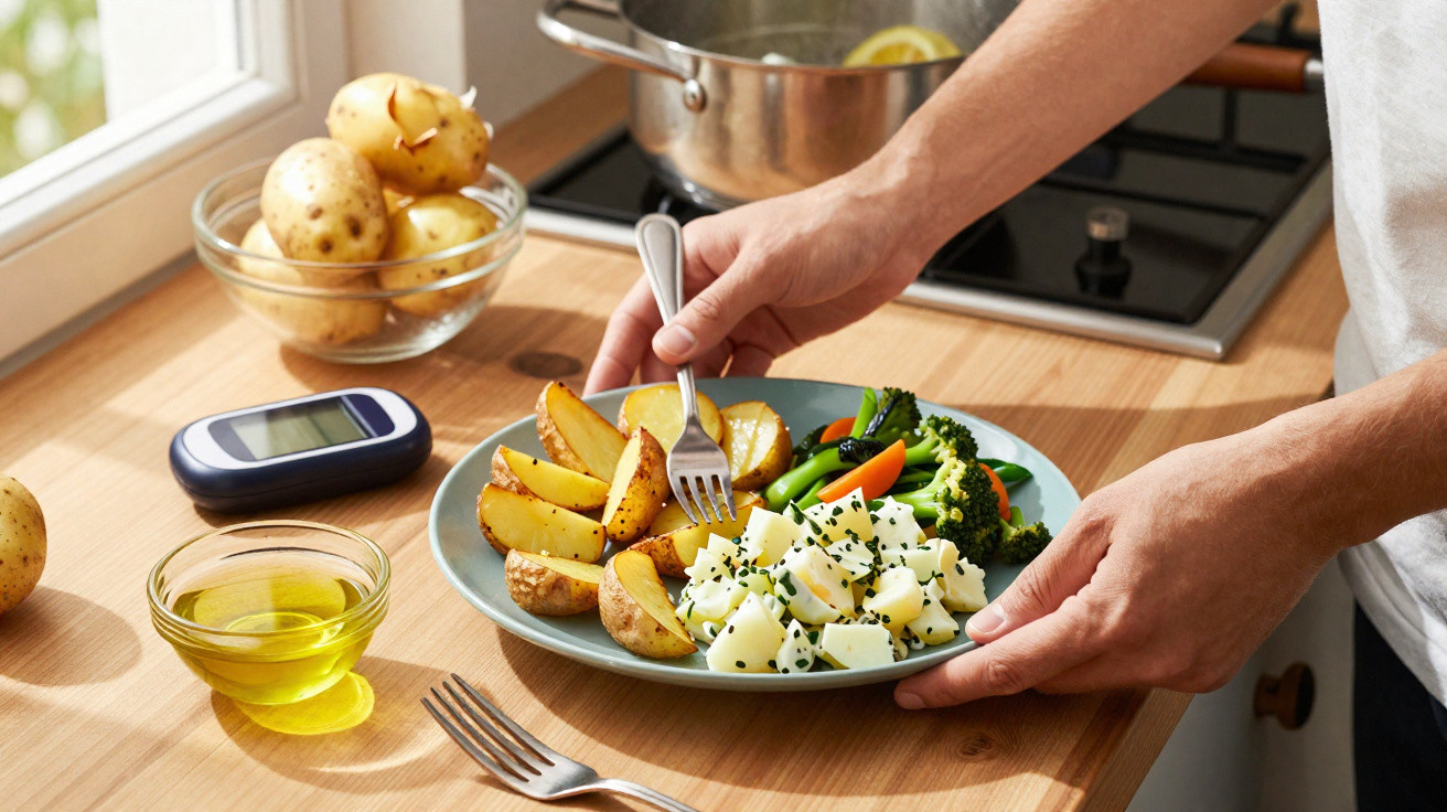 Pessoa a comer refeição saudável com batatas, brócolos e queijo fresco na cozinha, ao lado de medidor de glicose.