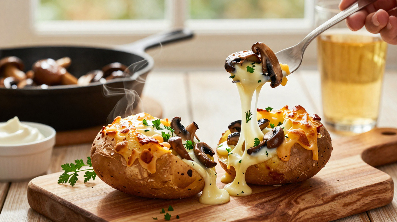 Batata assada com queijo derretido e cogumelos frescos numa tábua de madeira.