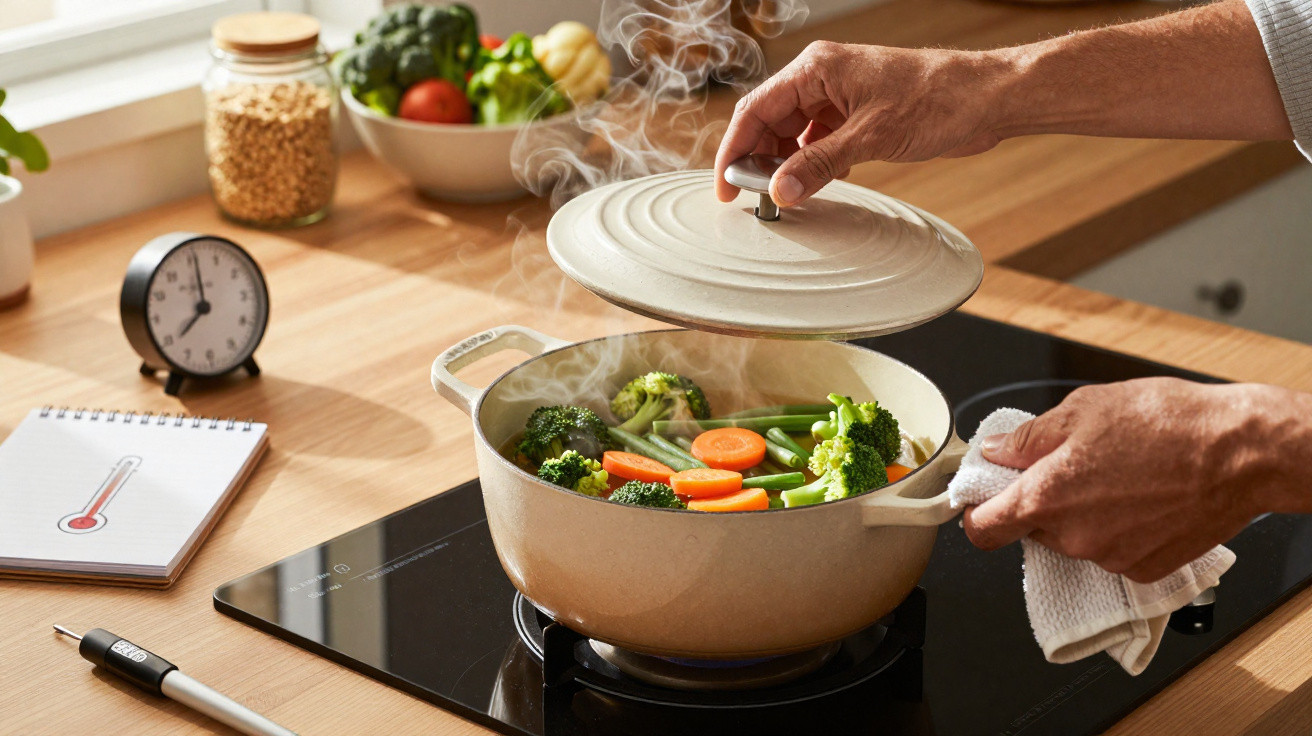 Pessoa a levantar tampa de panela com legumes a cozer no fogão gás numa cozinha iluminada.