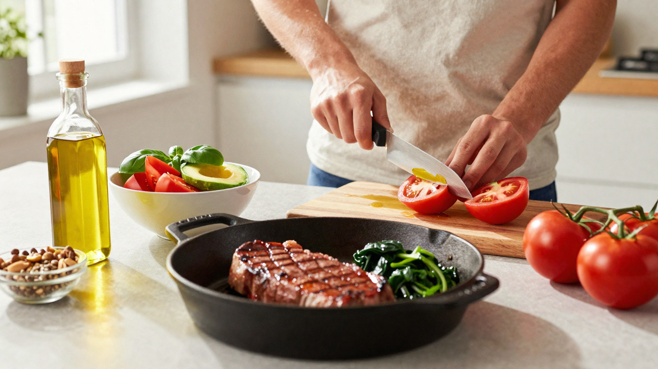 Pessoa a cortar tomate numa tábua junto a frigideira com bife, legumes e garrafa de azeite na bancada da cozinha.