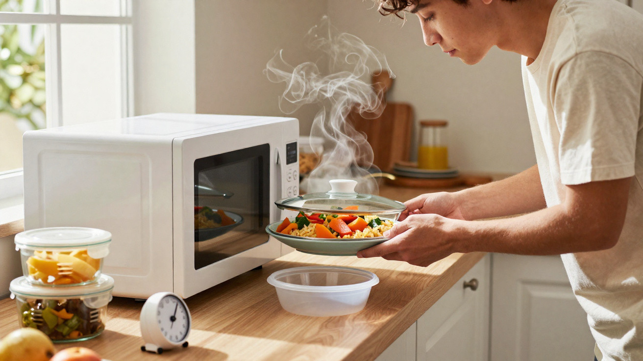 Homem aquecendo refeição no micro-ondas numa cozinha iluminada e moderna.