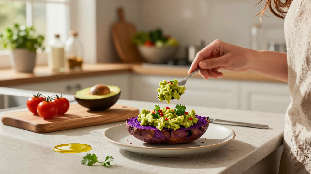 Pessoa a colocar guacamole sobre metade de batata-doce roxa na cozinha, com ingredientes frescos à volta.