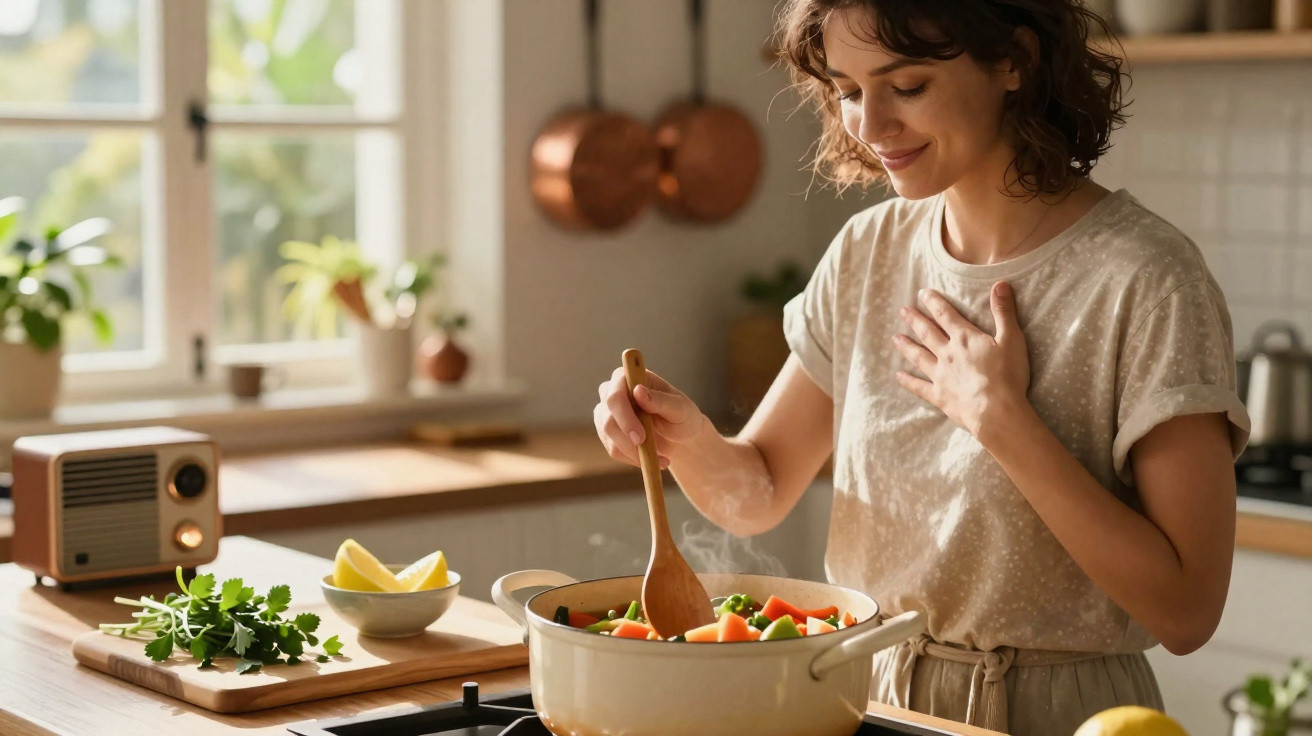 Mulher a cozinhar legumes numa panela na cozinha iluminada e a sorrir satisfeita.