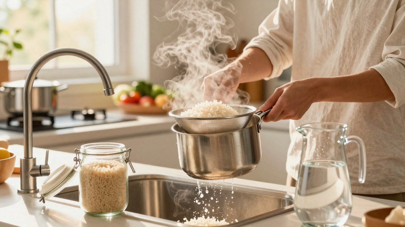 Pessoa a escorrer arroz cozido quente num passador de metal sobre a pia na cozinha moderna.