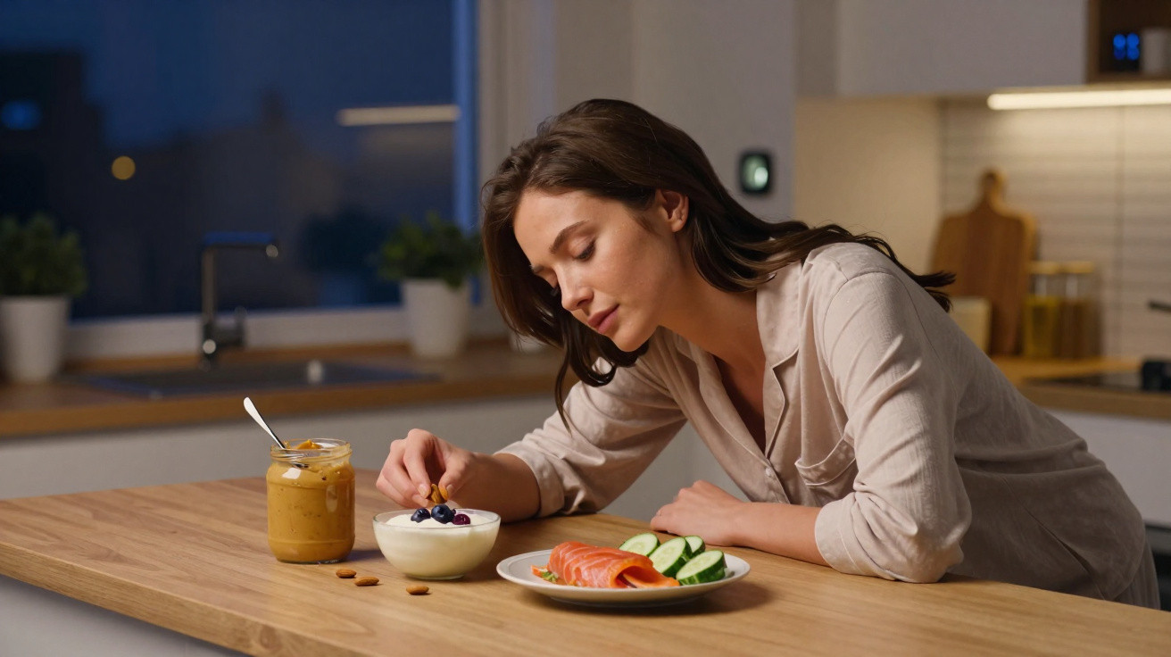 Mulher com pijama a comer frutos e salmão no interior de uma cozinha durante a noite.