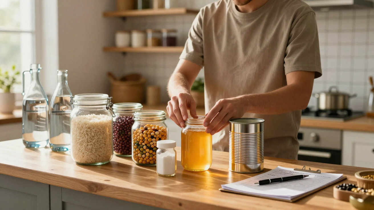 Pessoa a organizar frascos de alimentos e produtos numa bancada de cozinha iluminada.
