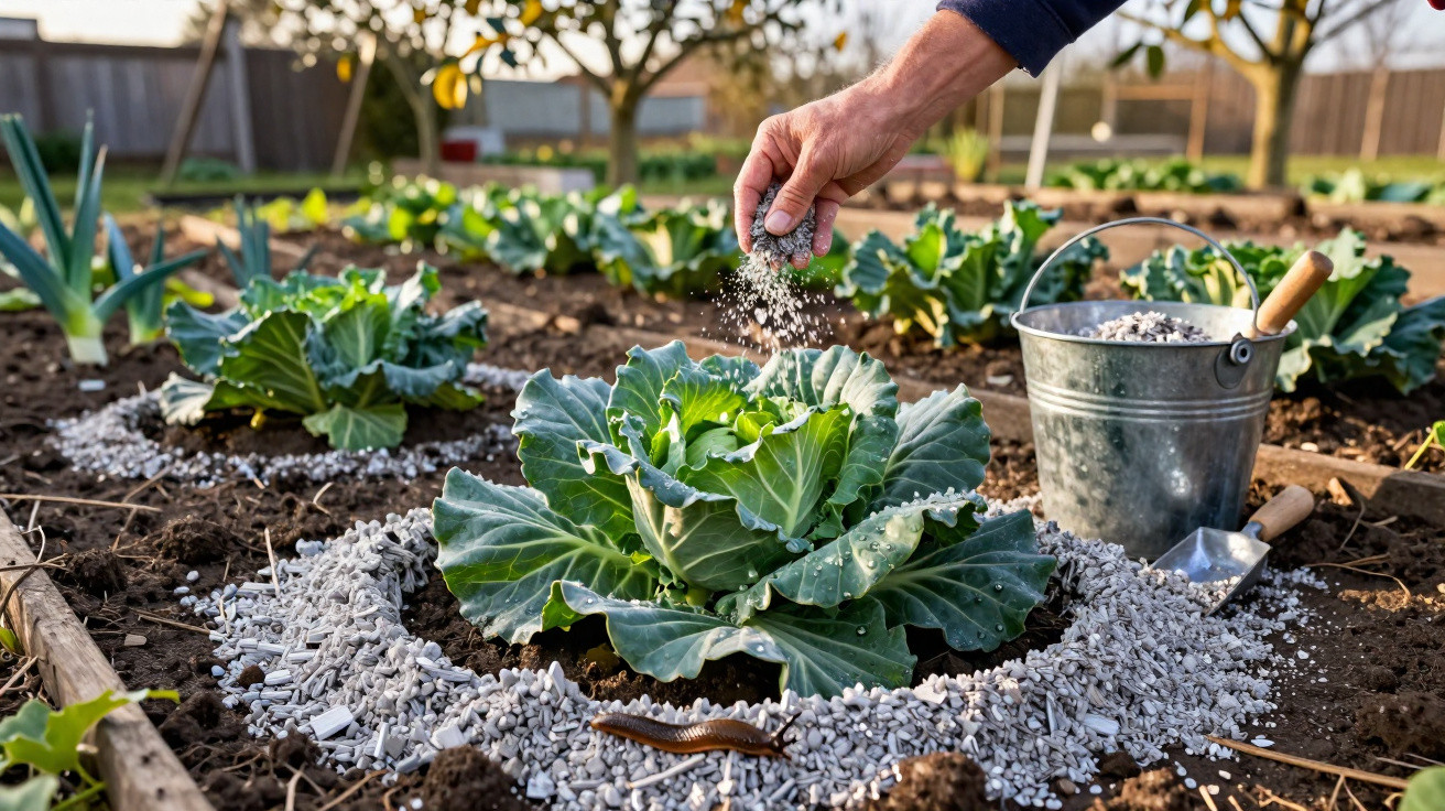 Mão a espalhar fertilizante em couve num jardim, rodeada por pequenas pedras brancas e minhoca no solo.
