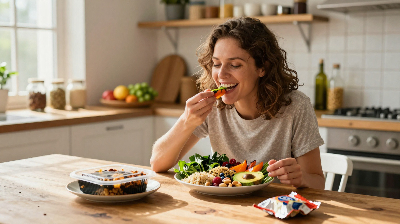 Mulher alegre a comer salada saudável com abacate numa cozinha moderna e iluminada.