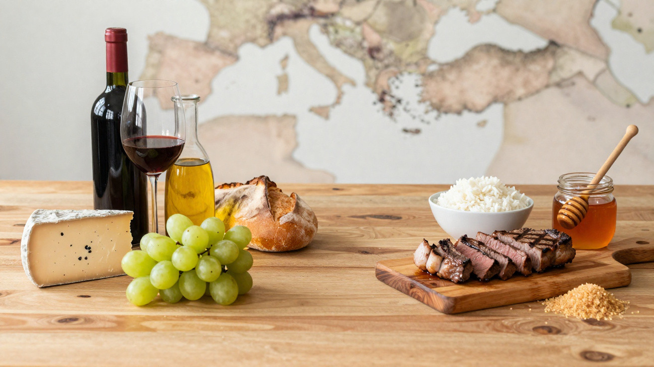 Mesa de madeira com vinho tinto, queijo, pão, uvas, azeite, carne grelhada, arroz, mel e sal.