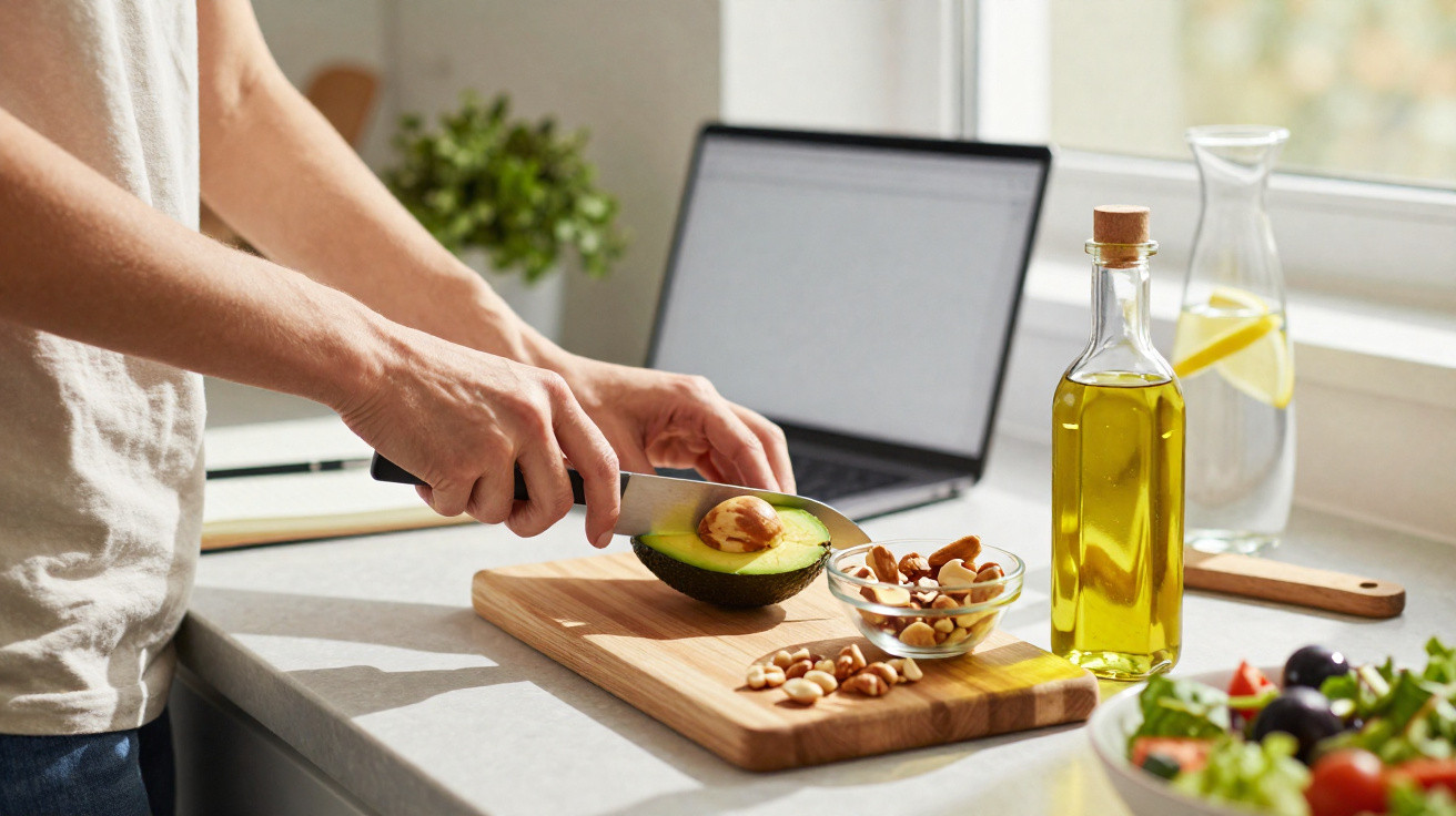 Pessoa a cortar abacate numa tábua de cozinha, com salada, frutos secos, óleo e computador ao fundo.