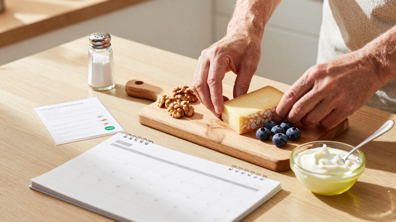 Mãos a cortar queijo numa tábua com nozes e mirtilos, ao lado estão azeite, iogurte e calendário.