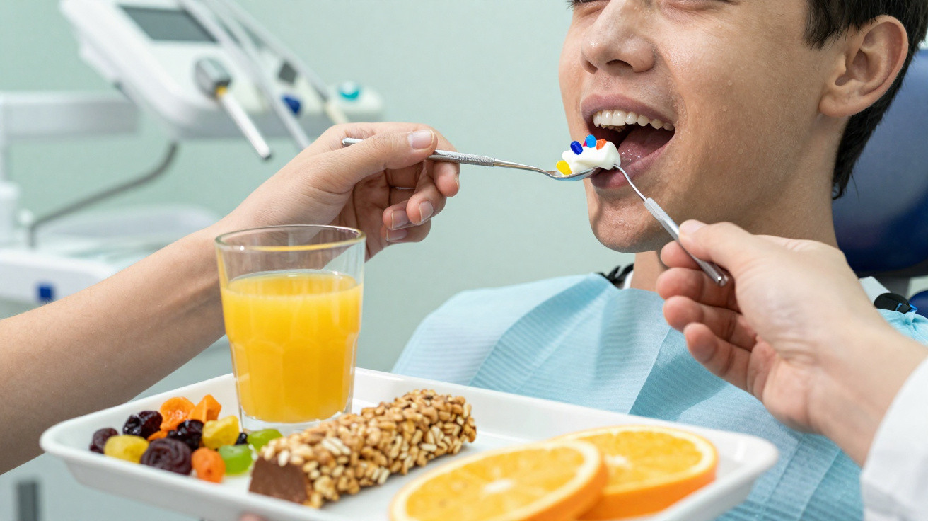 Paciente na cadeira do dentista a ser alimentado com alimentos saudáveis para avaliação oral.