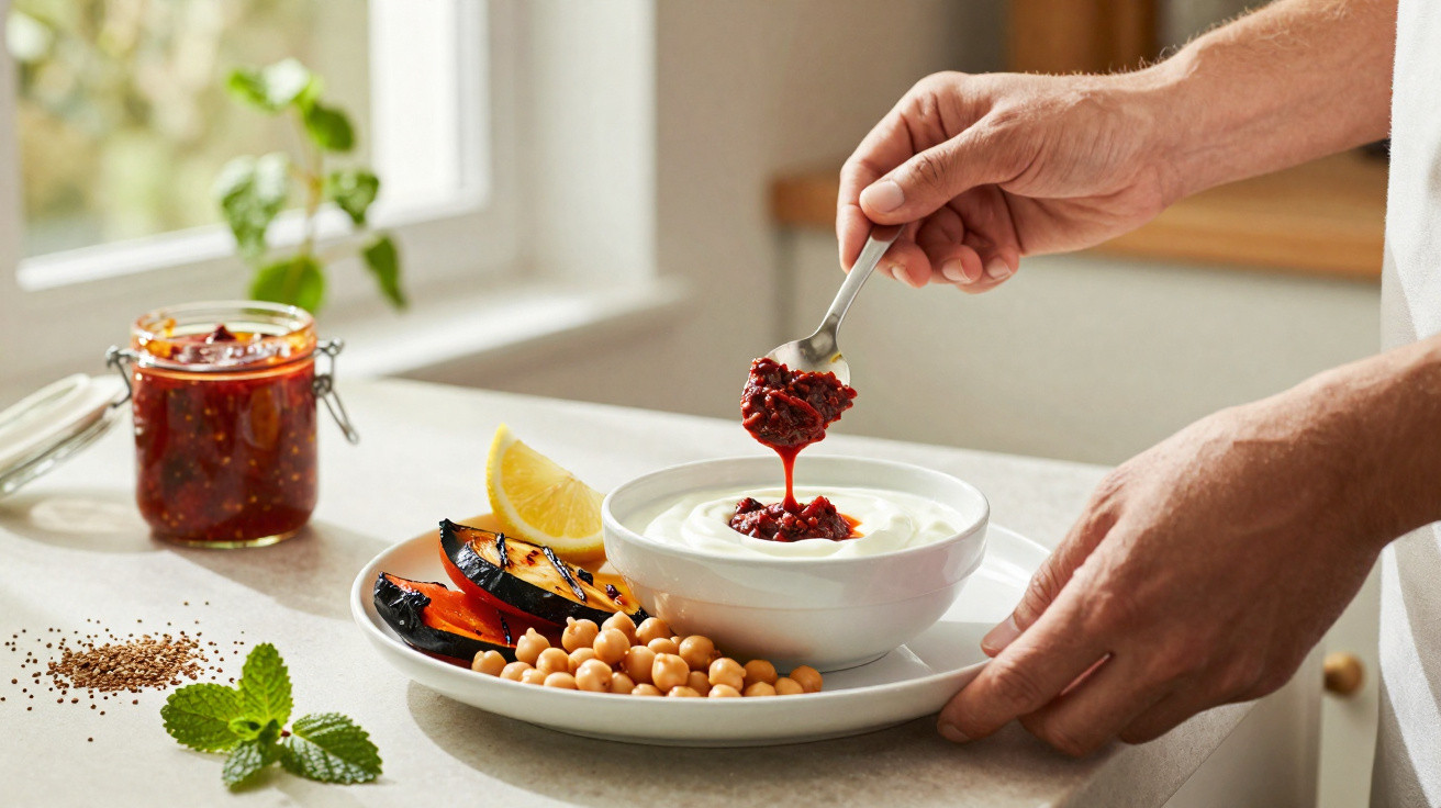Mãos a colocar molho vermelho sobre prato com grão, legumes grelhados, iogurte e limão numa cozinha iluminada.
