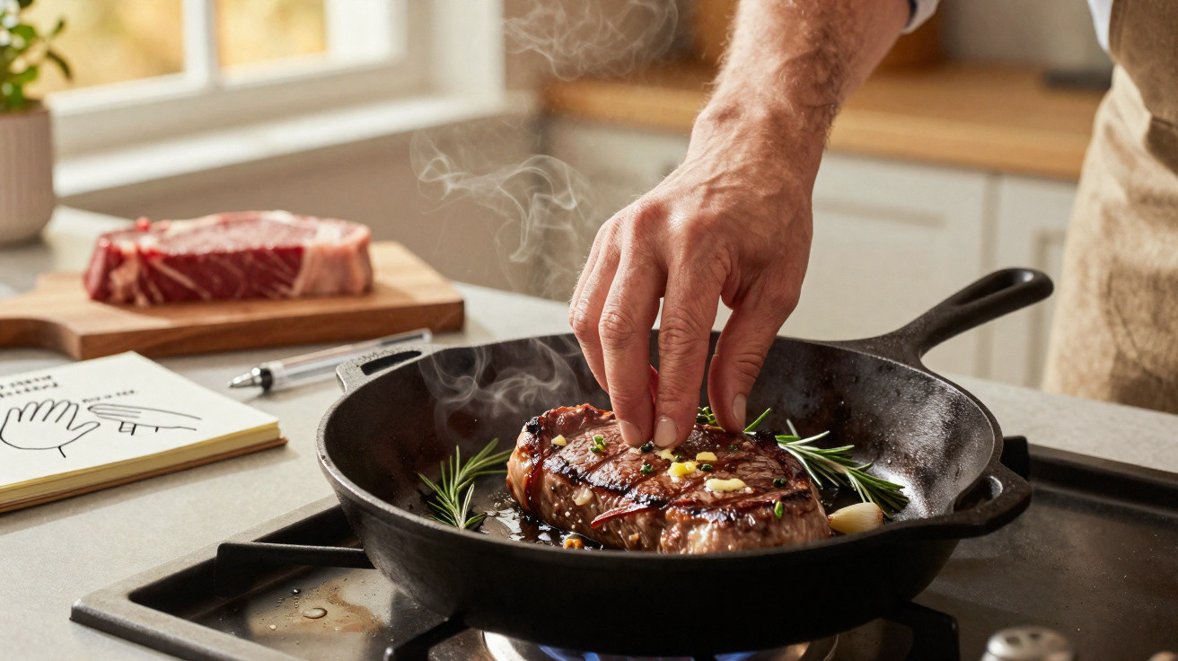 Mão a colocar fatias de alho num bife a cozinhar com alecrim numa frigideira fumegante.