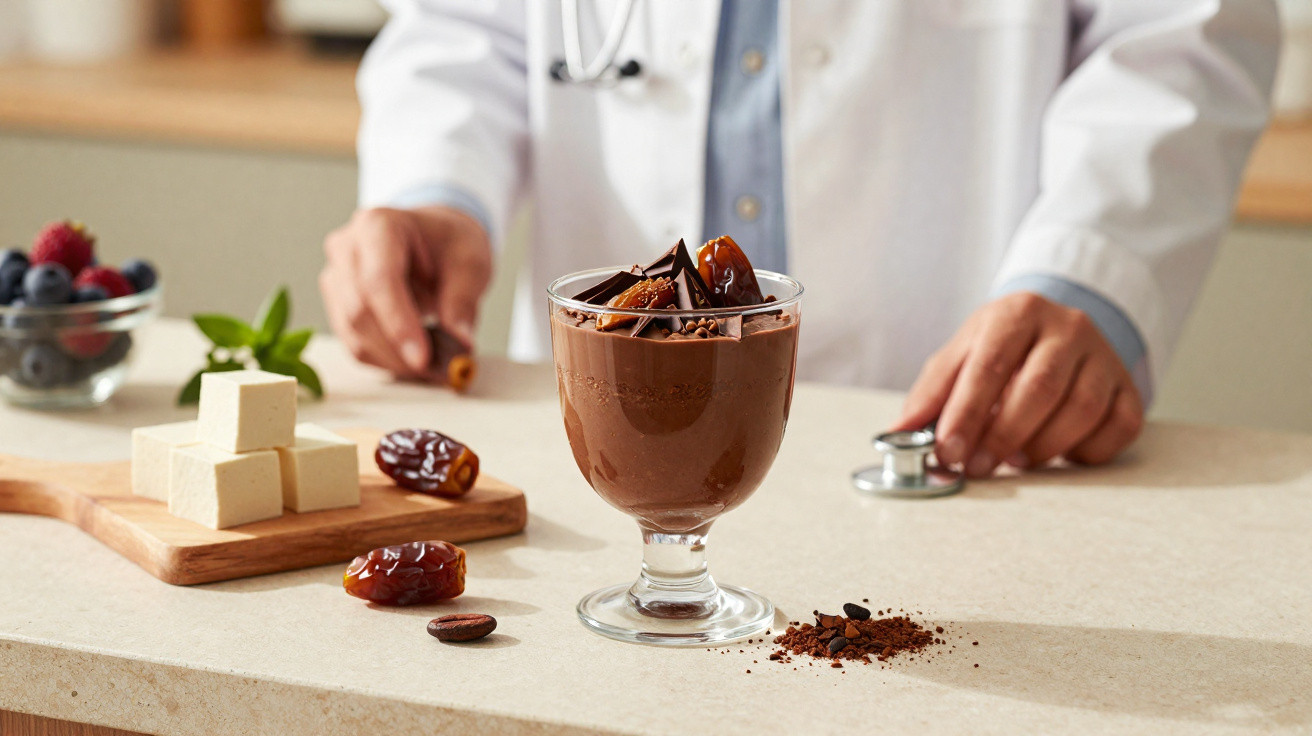 Copo de mousse de chocolate com pedaços de chocolate e tâmaras, com médico ao fundo e estetoscópio na mão.
