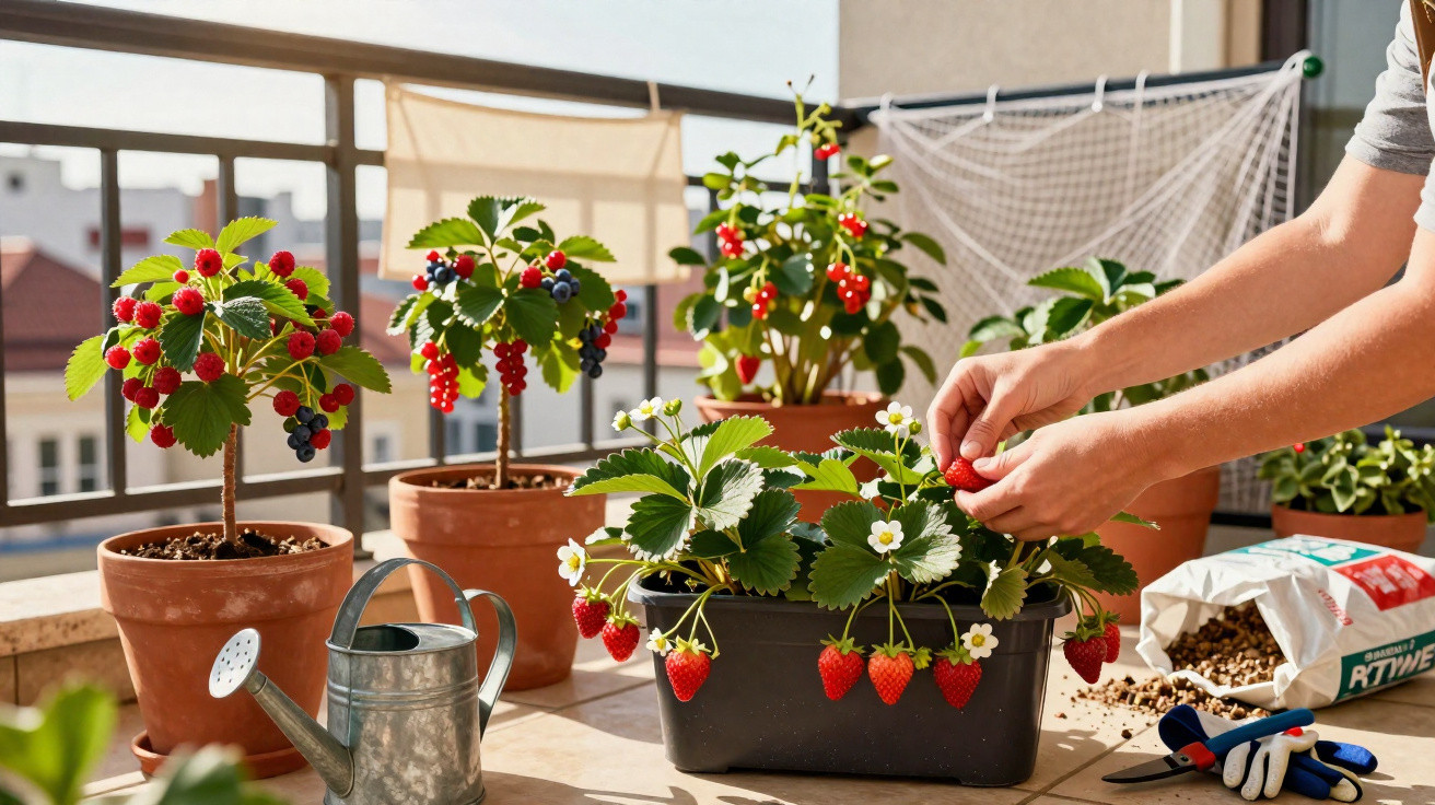 Pessoa colhe morangos frescos num vaso, rodeado de outras plantas com frutos vermelhos na varanda.