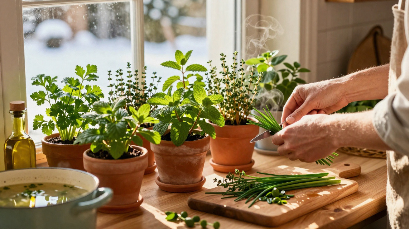 Mãos a cortar ervas aromáticas frescas em vaso numa cozinha iluminada com panela a ferver ao fundo.
