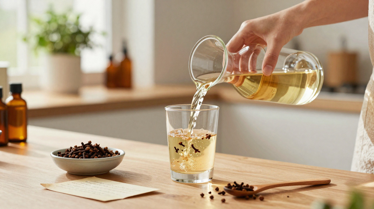 Pessoa a servir infusão clara numa chávena com cravinhos sobre mesa de madeira numa cozinha iluminada.