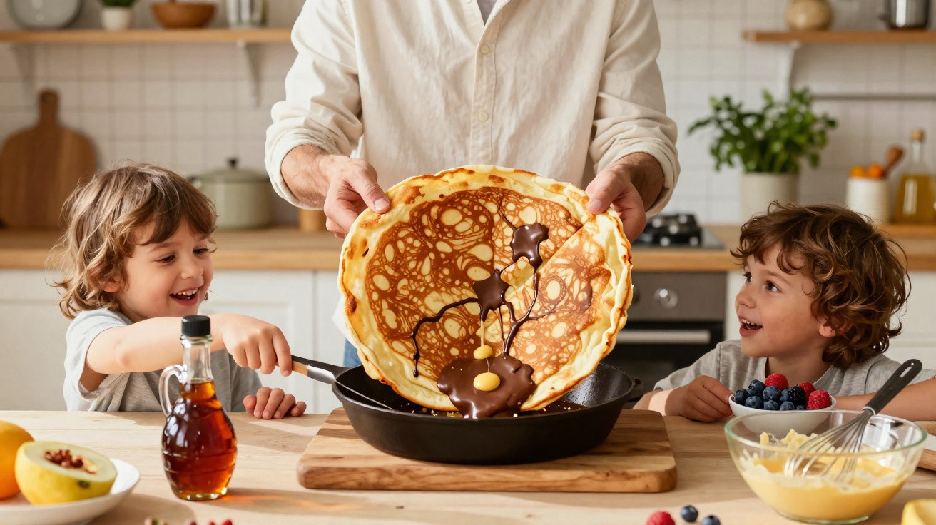 Crianças e adulto na cozinha com grande panqueca, chocolate, manteiga e frutos vermelhos numa tigela.