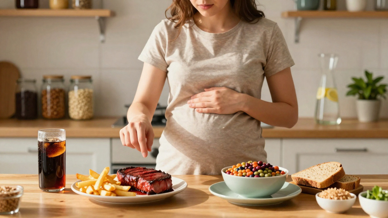 Mulher grávida na cozinha, a segurar a barriga e a temperar um bife com batatas fritas.